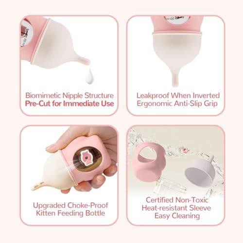 Ergonomic Pet Nursing Bottle,Puppy Bottles for Nursing Puppy Milk - 20ml Slow Flow Kitten Bottle Feeding kit for Newborn Kittens/Puppies/Small Animals, Easy-Clean Silicone Feeder (‌Pink‌) - Image 3
