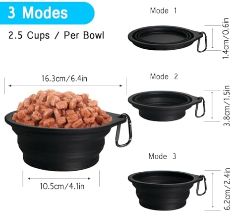 PetBonus 2-Pack Silicone Collapsible Dog Bowls, BPA Free Dishwasher Safe, Portable Foldable Expandable Travel Bowl, Food Water Feeding Cup Dish for Dogs Cats with 2 Carabiners (Black, Black) - Image 3