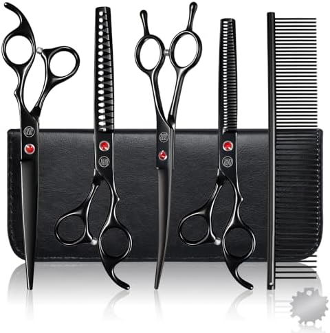 Professional Dog Grooming Scissors Set, 7 Inch/8 Inch Pet Grooming Scissors Chunkers Shears for Dog, Curved Dog Grooming Scissors, Thinning Shears for Dog with Grooming Comb by Moontay