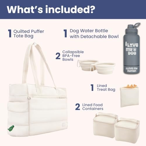 Rubyloo Dog Mom Essentials Bundle - Puffer Tote with Storage Containers (Beige) and 32 oz Water Bottle with Detachable Bowl (I Love My Dog) - Travel Bag and Hydration Set - Image 2