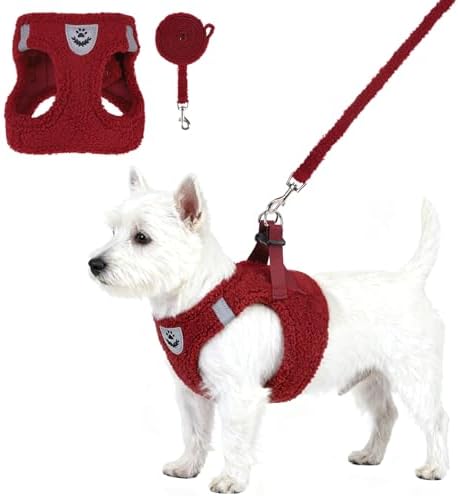 KOOLTAIL Christmas Plush Small Dog Harness and Leash Set, Warm Fleece No Pull Puppy Vest for Winter, Lightweight Reflective Step in Pet Harness for Medium Sized Dogs Boy Girl Outdoor Walking, Red M by KOOLTAIL