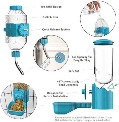 Automatic Pet Food Water Dispenser, Auto Gravity Pet Feeder Water Bottle Set for Cage, Feeding Station for Puppy Kitten Rabbit Guinea Pigs Chinchilla Ferret Hedgehog (Blue) - Image 2