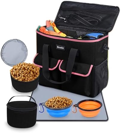 Dog Travel Bag - Dog Travel Kit for a Weekend Away Set Includes Pet Travel Bag Organizer for Accessories, 2 Collapsible Bowls, 2 Travel Food Container by Handor