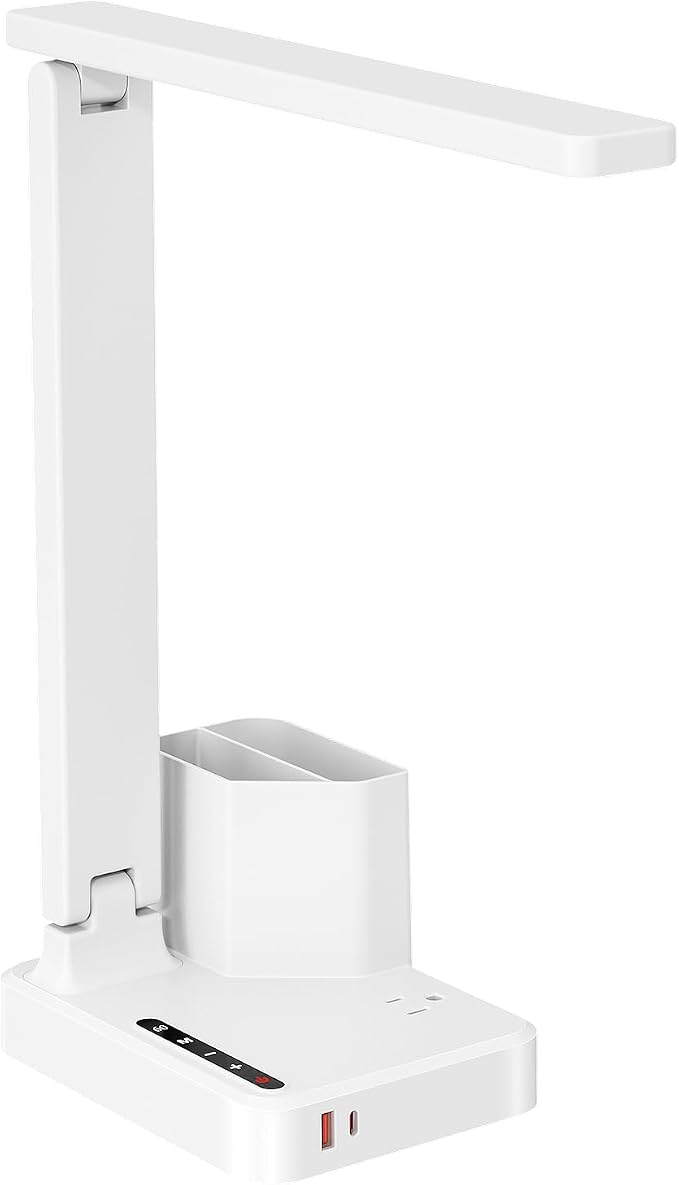 COZOO LED Desk Lamp with 2 USB Charging Ports,Type C Port,1 AC Outlet,2 Pen Holders,3 Color Temperature 3 Brightness Level,Touch/Memory/Timer,10W Eye Protection Foldable Reading Light,Study Lamp-White - Image 9