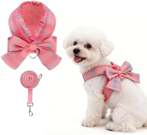 KOOLTAIL Small Dog Harness and Leash Set, Cute Puppy Vest Harnesses with Bowtie, Step in No Pull Soft Mesh Padded Adjustable Plaid Pet Harness for Extra-Samll Medium Dogs Cats, Boy Girl, Pink XS-M by KOOLTAIL