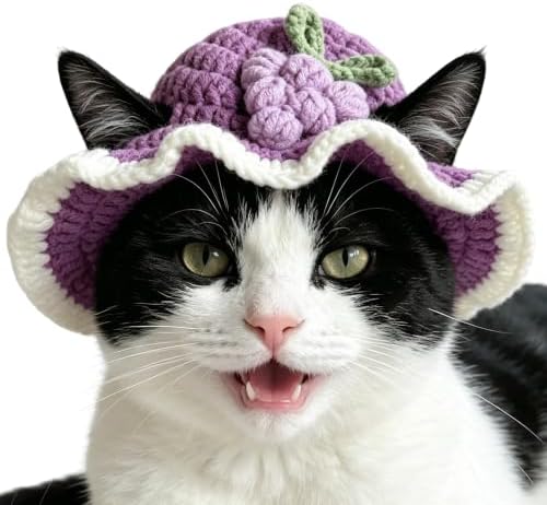 Grape Cat Hat, Cotton & Soft Cute Knitted Hats for Cats Birthday Party Spring Christmas Puppy Hat for Small Pets (Purple,M) by floofelove