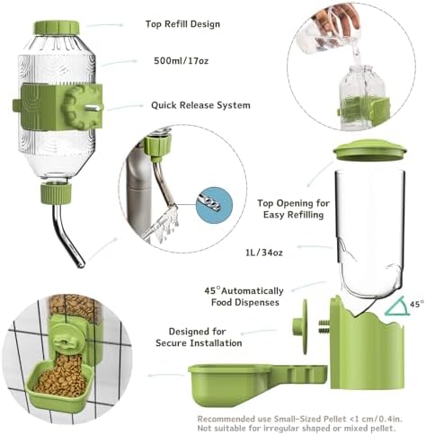 Automatic Pet Food Water Dispenser, Auto Gravity Pet Feeder Water Bottle Set for Cage, Feeding Station for Puppy Kitten Rabbit Guinea Pigs Chinchilla Ferret Hedgehog (Green) - Image 2