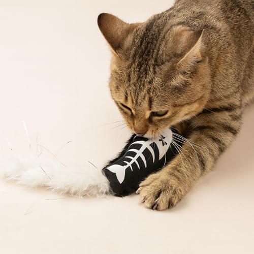 Halloween Cat Toys – 2-Pack Interactive Plush Fishbone and Mouse Bone Catnip Toys with Feather Tails for Indoor Cats - Image 2