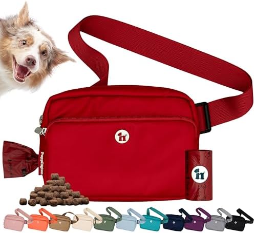 Puppington 3-in-1 Crossbody Dog Walking Bag & Treat Pouch with Matching Planet Safe Poop Bags & Built-In Dispenser - Dog Mom Gift for Puppy Training with Zippered Pockets (Ruby Red) by Puppington