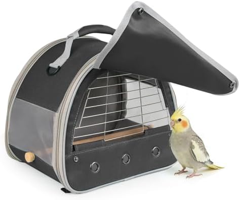 Bird Travel Carrier Cage, with Stainless Steel Metal Window and Wood Perch, Portable Bag for Cockatiel Parakeet Conure Green Cheek Budgie (Black, Steel Window) by halinfer