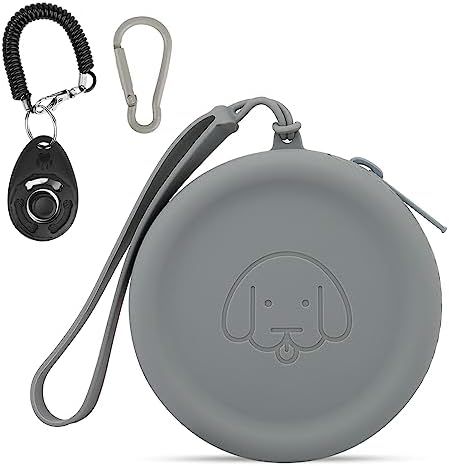 WALLFID Silicone Dog Treat Pouch Small Bag,with Pet Training Clicker,Walking Bag for Dog and Cat, Pocket Size, Easy to Clean, Odorless, Zipper Design,Moisture-Proof,Travel Walking Bag.(Dark Gray) by WALLFID