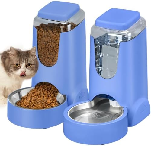 HWONMTE Portable Automatic Cat Feeder and Water Dispenser with Stainless Steel Bowl Dog Gravity Food Feeder and Waterer for Small Medium Pets Puppy Kitten 1 Gallon x 2 (Sapphire Blue) by HWONMTEPETFEEDER