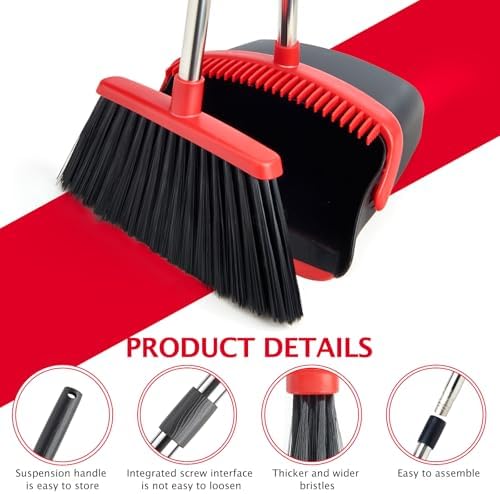 Broom and Dustpan Combo Set,51" Long Handle,Black Red - Image 6