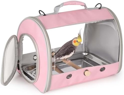 Bird Carrier, Portable Small Bird Parrot Parakeet Carrier with Standing Perch and Stainless Steel Tray, Side Access Window Collapsible (Pink, Cylinder Design - Clear) by halinfer