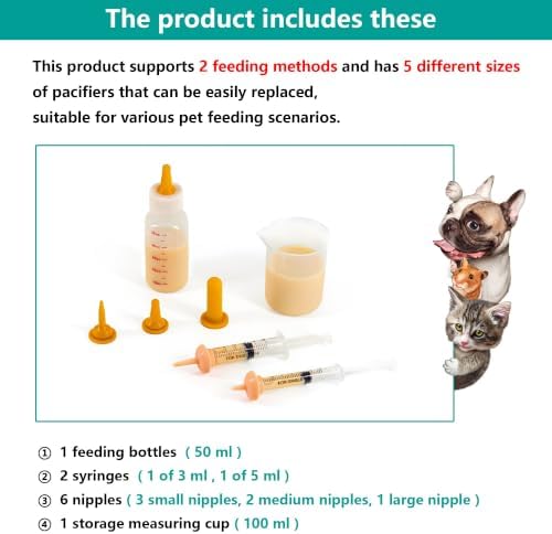Pet Feeding Bottle and Syringe Set for Puppies and Kittens(1 Bottles,2 Syringes,6 Nipples,1 Storage Measuring Cup) - Image 5