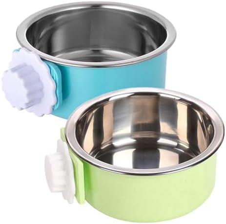 kathson Crate Dog Bowl 2pcs, Removable Stainless Steel Hanging Pet Kennel Cage Bowl Food & Water Feeder Coop Cup for Puppy, Cat, Rabbit, Guinea Pigs (2 PCS, Size: L, Blue and Green) by kathson