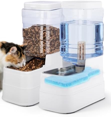 2 Pack Automatic Cat Feeder and Water Dispenser 1.3Gallon Dog Gravity Food Feeder and Water with Ice Pack Stainless Steel Dry Food and Waterer Bowl for Small Medium Large Pets (White) by Pawzone