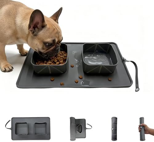 No Spill Collapsible Dog Bowls with Mat, 20oz 2-in-1 Roll-Up Silicone Pet Feeding Station, Portable BPA-Free Travel Dog Bowls for Car, Camping, and Outdoor Use by Unknown