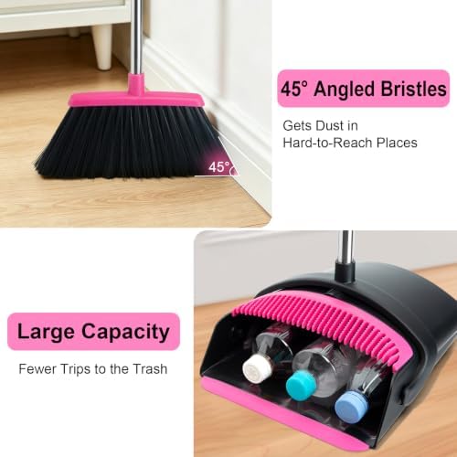 Broom and Dustpan Set,Long Handle Lightweight Dustpans with Broom Combo for Home,Indoor&Outdoor Sweeping for Home Room Kitchen Office Lobby (Black Pink) - Image 3