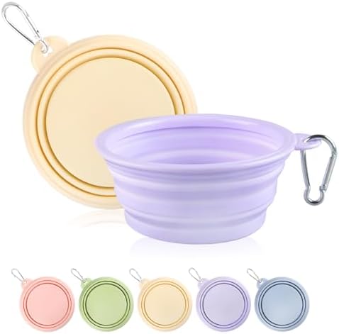 Collapsible Dog Bowls 2-Pack, Portable Travel Dog Bowl with Carabiner, Food-Grade Silicone Pet Bowl for Hiking, Walking (Macaron Yellow and Violet) by TECOPH