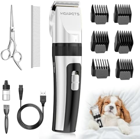 HEAPETS Dog Grooming Clippers, Low Noise, Electric Quiet, Adjustable Clipper Comb, Rechargeable Cordless Dog Hair Clippers for Dogs Cats Pets, White by Heapets