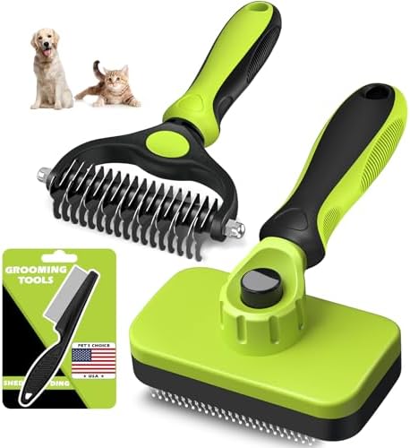 Professional 3PCS Self Cleaning Slicker Brush & Pet Grooming Rake & Flea Comb for Dogs,Cats and Horses | Double-Sided Dematting Comb & Skin Friendly Deshedding Grooming Tool | Pet Supplies (Green) by Augwind