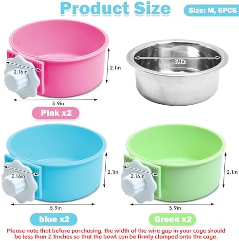 kathson Crate Dog Bowl, Removable Stainless Steel Hanging Pet Cage Bowl Food & Water Feeder Coop Cup for Cat, Puppy, Birds, Rats, Guinea Pigs (6 PCS, Size: M, 2×Blue,2×Green,2×Pink) (Pack of 2) - Image 2