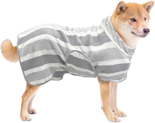 Fast Drying Dog Bathrobe, Super Absorbent Stripes Dogs Towel, Adjustable Warm Keeping Pet Puppy Bath Supplies (Grey, XS) by PawSailor