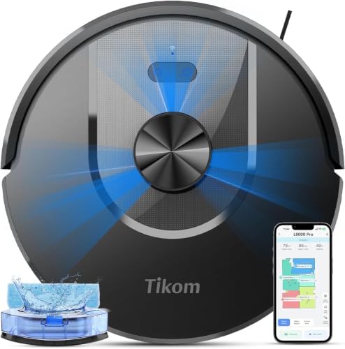 Tikom Robot Vacuum and Mop Combo, 6000Pa Automatic Robotic Vacuum Cleaner, Smart Mapping, 150 Min Max, Ideal for Pet Hair, Hardfloors, Carpets, Home(L8000 Pro) by Tikom
