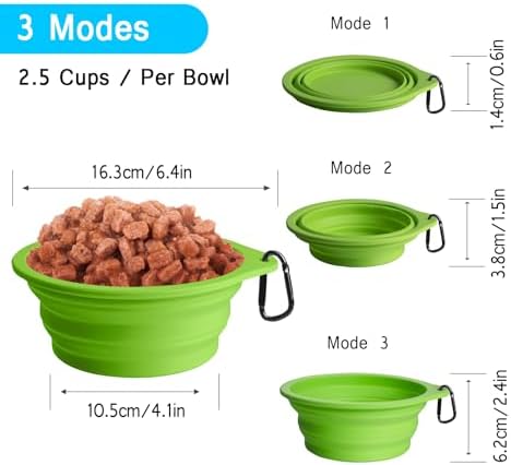 PetBonus 2-Pack Silicone Collapsible Dog Bowls, BPA Free Dishwasher Safe, Portable Foldable Expandable Travel Bowl, Food Water Feeding Cup Dish for Dogs Cats with 2 Carabiners (Light Blue & Green) - Image 3