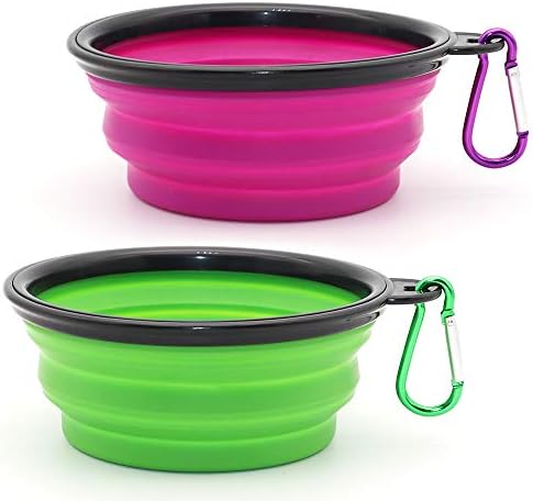 Dog Bowl Pet Collapsible Bowls, 2 Pack Collapsible Dog Water Bowls for Cats Dogs, Portable Pet Feeding Watering Dish for Walking Parking Traveling with 2 Carabiners (Small, Green+Purple) by SLSON