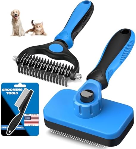 Professional 3PCS Self Cleaning Slicker Brush & Pet Grooming Rake & Flea Comb for Dogs,Cats and Horses | Double-Sided Dematting Comb & Skin Friendly Deshedding Grooming Tool | Pet Supplies (Blue) by Augwind