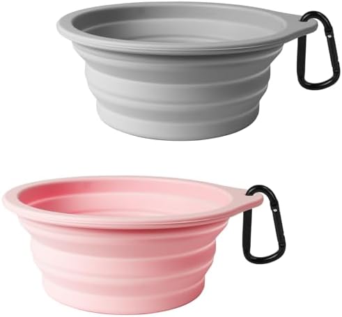PetBonus 2-Pack Large Silicone Collapsible Dog Bowls, 34oz/1000ml BPA Free Portable Foldable Travel Bowl for Pet Cat, Food Water Feeding Dish for Camping with 2 Carabiners (Grey, Chalk Pink) by Petbonus