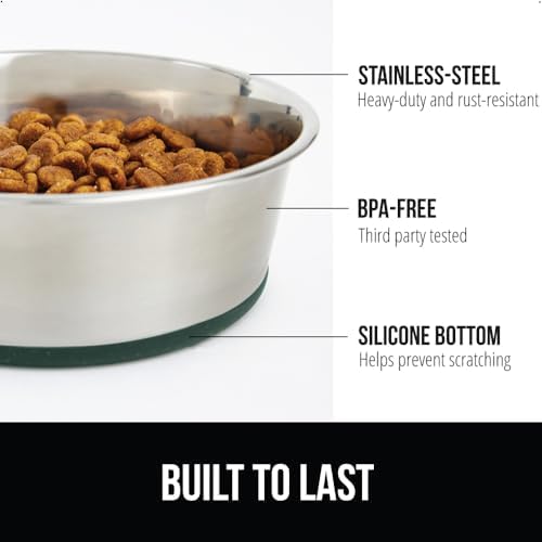 Gorilla Grip Stainless Steel Dog Bowl Set of 2 and Portable Water Bottle, 2 Cup Heavy Duty Stainless Steel Bowls Hunter Green, 12 oz Food Grade Silicone Bottle with Bowl Cap Black, 2 Item Bundle - Image 2