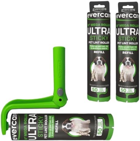 Evercare Ultra Sticky Pet Mega Lint Roller Value Pack, Manual Clothes & Furniture Cleaner with Handle and 2 Refills, 50 Sheets Each by Evercare
