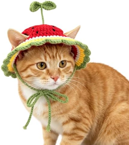 Watermelon Cat Hat, Cotton & Soft Cute Knitted Hats for Cats Birthday Party Christmas Puppy Hat for Small Pets (Green,M) by floofelove