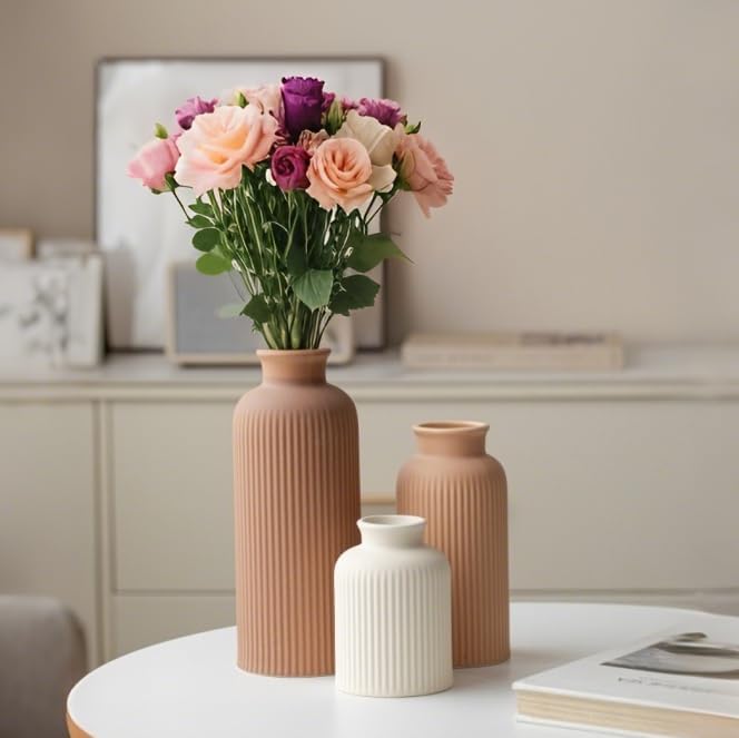 Large Modern Ceramic Vase Set, Coffee Ribbed Matte Design, 3-Piece Decorative Vases for Home, Living Room, Office (XL Coffee Mix) - Image 4