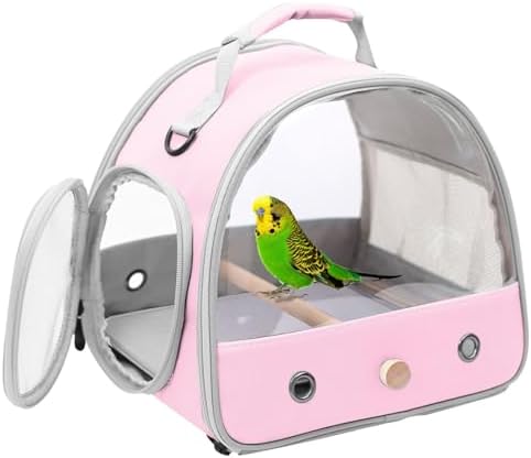 Bird Carrier, Portable Small Bird Parrot Parakeet Carrier with Standing Perch and Mat, Side Access Window Collapsible (Pink, Clear Windows) by halinfer