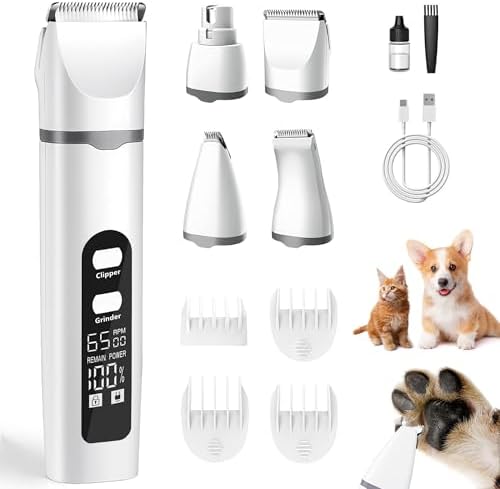 Dog Clippers for Grooming, 4 in 1 Dogs Paw Trimmer Pet Grooming Kit, Low Noise Dog Shavers with Nail Grinder Quiet, Rechargeable Cordless Electric Pets Clippers, 2-Speed Pet Hair Trimmer for Dogs Cat by Unknown