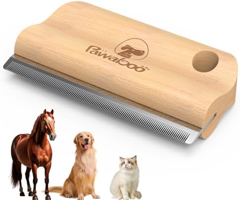 Pawaboo Deshedding Brush for Dogs & Cats – Wooden Grooming Comb for Long Hair, Ergonomic 4-Inch Dog Hair Removal Brush with Hangable Design, Wood by Pawaboo