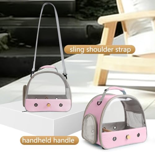Bird Carrier, Portable Small Bird Parrot Parakeet Carrier with Standing Perch and Mat, Side Access Window Collapsible (Pink, Clear Windows) - Image 3