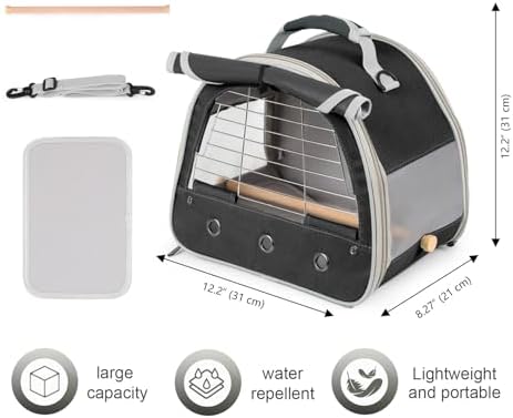 Bird Travel Carrier Cage, with Stainless Steel Metal Window and Wood Perch, Portable Bag for Cockatiel Parakeet Conure Green Cheek Budgie (Black, Steel Window) - Image 2