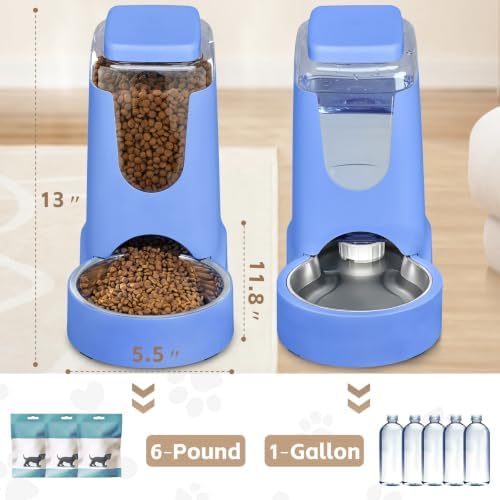 HWONMTE Portable Automatic Cat Feeder and Water Dispenser with Stainless Steel Bowl Dog Gravity Food Feeder and Waterer for Small Medium Pets Puppy Kitten 1 Gallon x 2 (Sapphire Blue) - Image 2