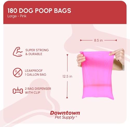 Downtown Pet Supply Poop Bags for Dogs with Dispenser, 180 Count - Leak-Proof Dog Waste Bags and Bone-Shaped Dog Poop Bags Holder for Leash - Pink, 12.5" x 8.5" - Image 2
