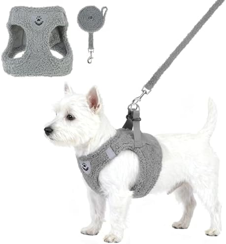 KOOLTAIL Plush Small Dog Harness and Leash Set, Warm Fleece No Pull Puppy Vest for Winter, Lightweight Reflective Step in Pet Harness for Medium Sized Dogs Boy Girl Outdoor Walking Cute Soft, Gray M by KOOLTAIL