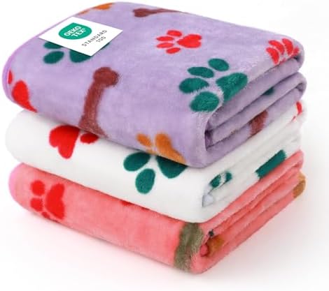 Luciphia 1 Pack 3 Blankets Fluffy Premium Fleece Pet Blanket Flannel Paw Bone Printed Throw for Dog Cat(Medium 30x20'', Purple/Pink/White) by luciphia