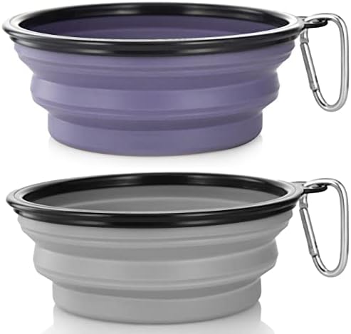 Dog Bowl Large Pet Collapsible Bowls, 2 Pack Collapsible Dog Water Bowls for Cats Dogs Portable Pet Feeding Water Dish for Walking Parking Traveling with 2 Carabiners (Large, Purple & Concrete Gray) by SLSON