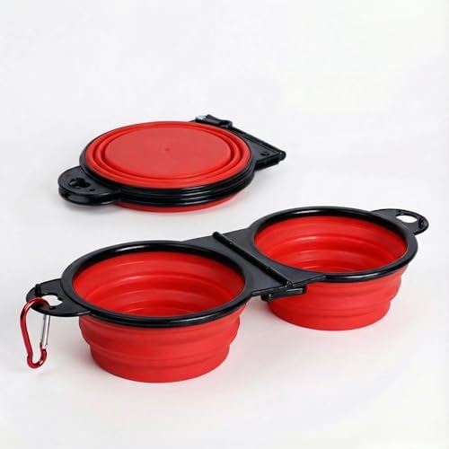 Double Collapsible Dog Bowls for Travel, Food and Water Set with Clip，Red - Image 2