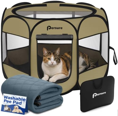 Persure Dog Cat Playpen Tent Crate Cage with Washable Pee Pad(Khaki,Small) by PERSURE