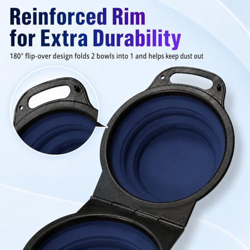 Double Collapsible Dog Bowls for Travel, Food & Water with Clip, Navy Blue - Image 3
